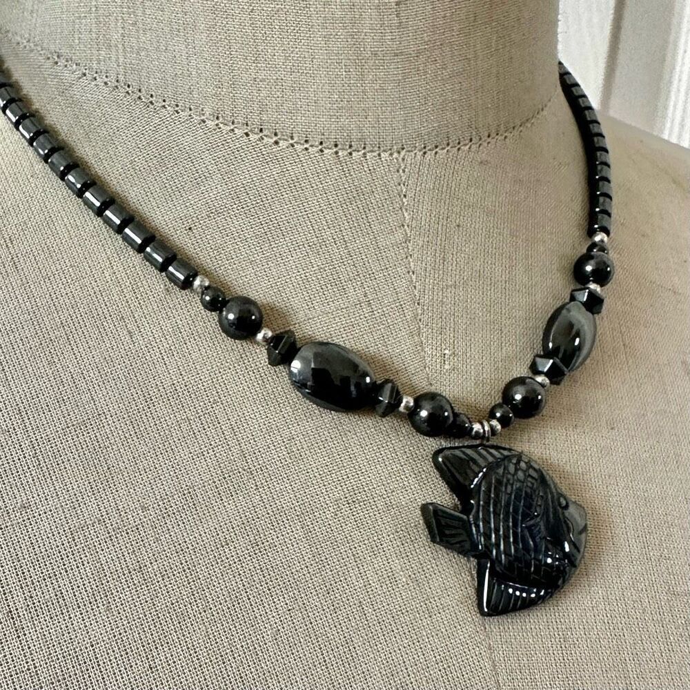 Hematite Carved Fish Pendant Beaded Necklace - Picture 3 of 8